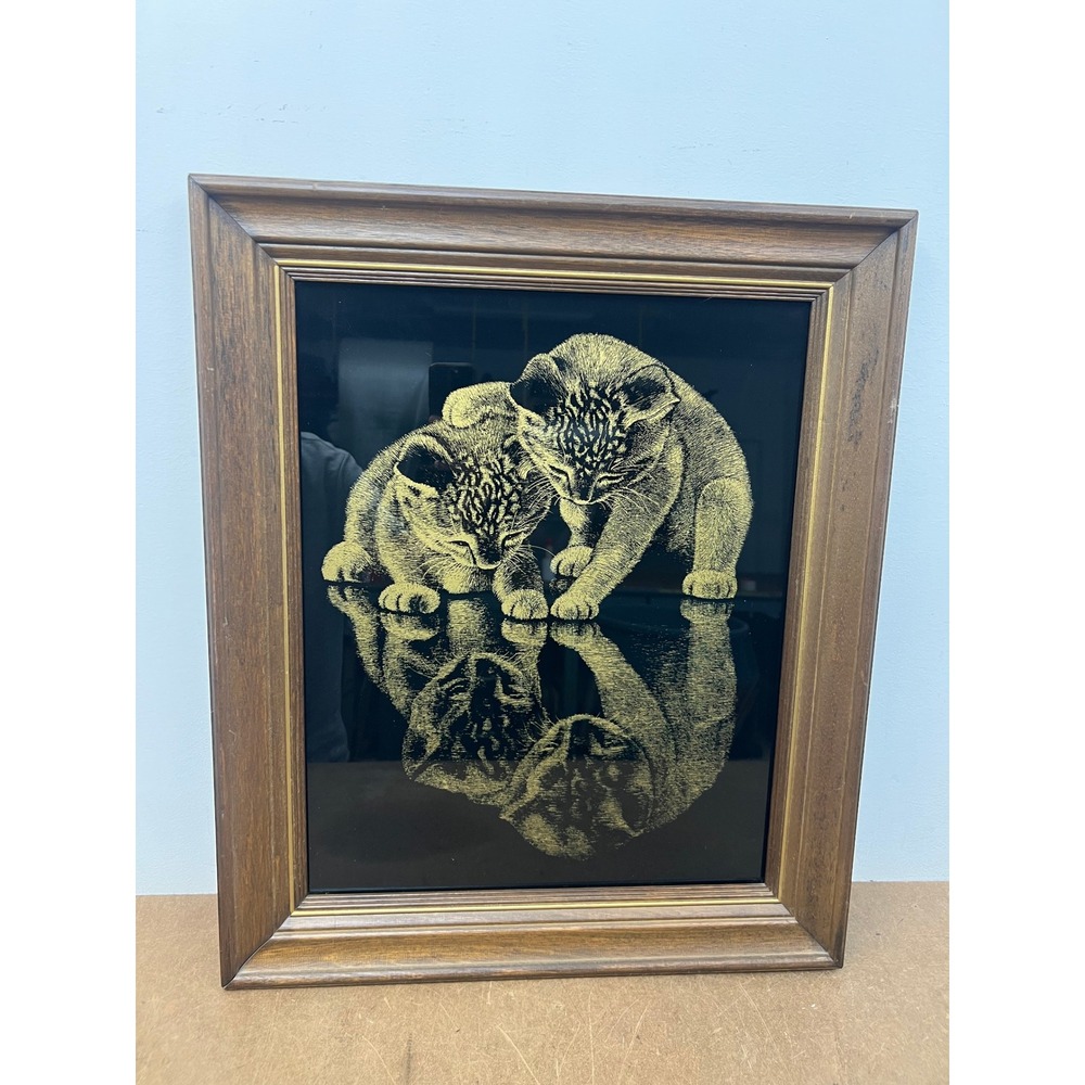 Vintage Gold and Black Glass Print Leopard Kittens Reflection Framed Wall Art